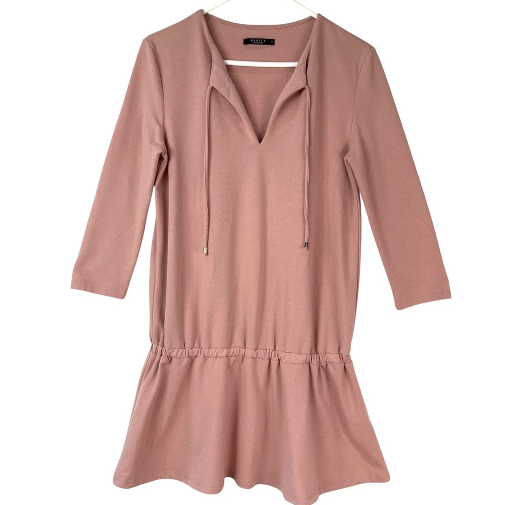Mohito Rose Pink Drop Waist Dress S Pullover V-Neck 3/4 Sleeve Ruffle Hem